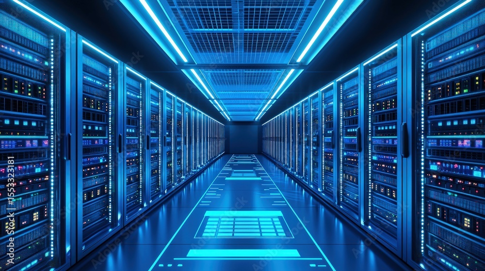 Leinwandbilder Illuminated blue server room with glowing floor patterns and symmetrical data racks, ideal for visuals on cloud storage, digital networks, and tech infrastructure themes