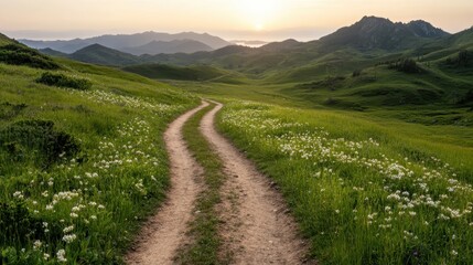 A serene pathway meanders through vibrant green hills under a golden sunset, evoking a sense of calm and inviting exploration in nature's untouched beauty.