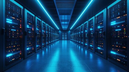 High-tech data center with glowing blue lights and colorful server indicators, ideal for representing cloud infrastructure, cybersecurity, and digital technology systems