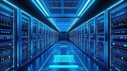 Illuminated blue server room with glowing floor patterns and symmetrical data racks, ideal for visuals on cloud storage, digital networks, and tech infrastructure themes