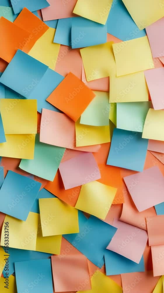 Poster Bright multicolored sticky notes layering randomly, forming dynamic visual texture representing brainstorming, collaborative thinking, and creative workplace communication