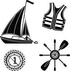 Water Sports and Sailing Icon Set – Paddle, Sailboat, Medal, Paddleboard Vector Illustration