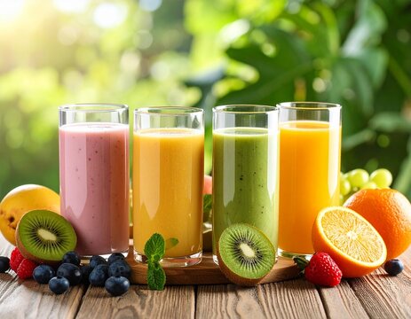 Smoothies and fresh fruit arranged aesthetically