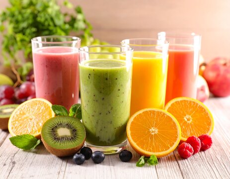 Smoothies and fresh fruit arranged aesthetically