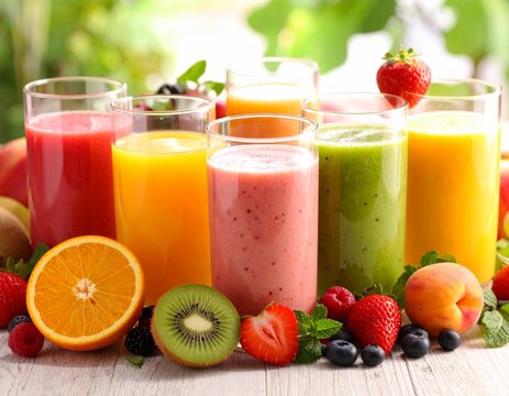 Smoothies and fresh fruit arranged aesthetically