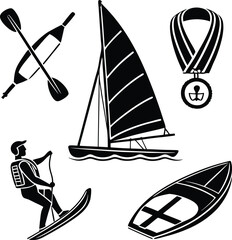 Water Sports and Sailing Icon Set – Paddle, Sailboat, Medal, Paddleboard Vector Illustration