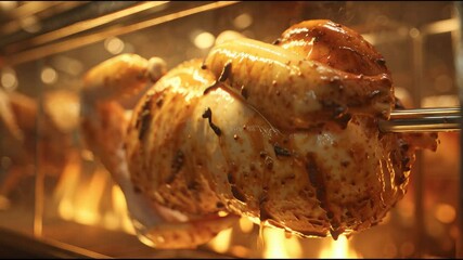 National Rotisserie Chicken Day, A golden glowing rotisserie chicken slowly rotates over the fire in a commercial rotisserie