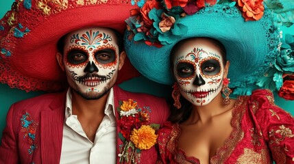 Obraz premium A couple dressed in traditional Day of the Dead attire, complete with colorful hats and face paint, showcases cultural richness and a celebration of life and death in a vibrant manner.
