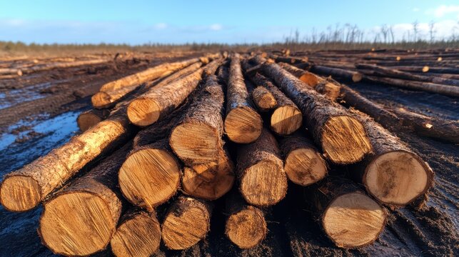 A collection of freshly cut logs lies in a clearing under a bright blue sky, showcasing the beauty of nature and the impact of logging on pristine environments.