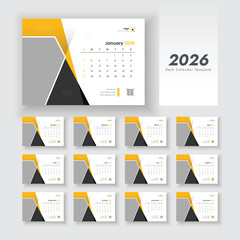 Desk calendar 2026 with minimal design. Calendar 2026 planner corporate template design set. Week starts on Sunday.