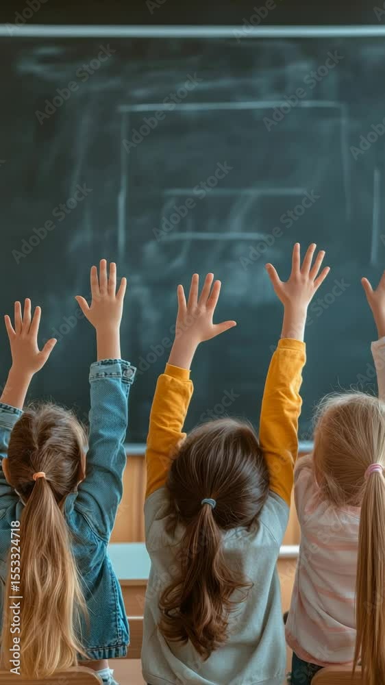 Poster group of elementary school students raising hands to answer teacher's question in classroom, demonst