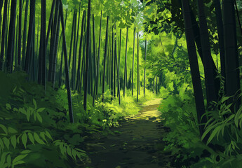 Obraz premium A dense bamboo forest with tall, blue stalks and sunlight filtering through the leaves .