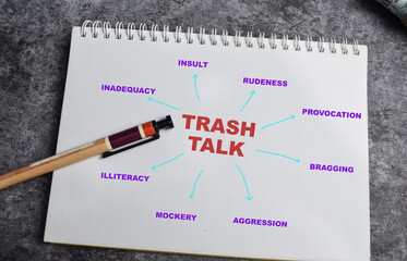 Concept of Trash talk write on book with keywords isolated on Wooden Table.