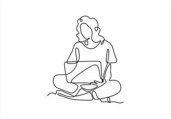 Woman working on a laptop, one-line drawing.  line icon-continuous line drawing. Editable stroke.