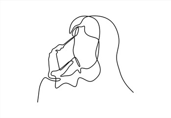 Girl talking on phone continuous line art drawing isolated on white background. Vector illustration