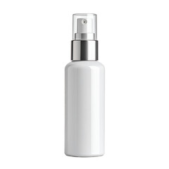 Elegant white spray bottle with silver accents for cosmetics or personal care product on transparent background