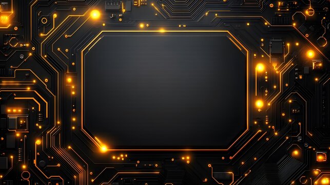 Futuristic Circuit Board With Glowing Orange Lights and Black Center Panel
