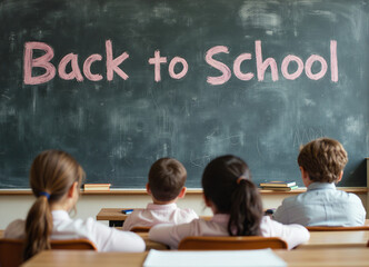 School children in classroom sitting quietly facing chalkboard with message.