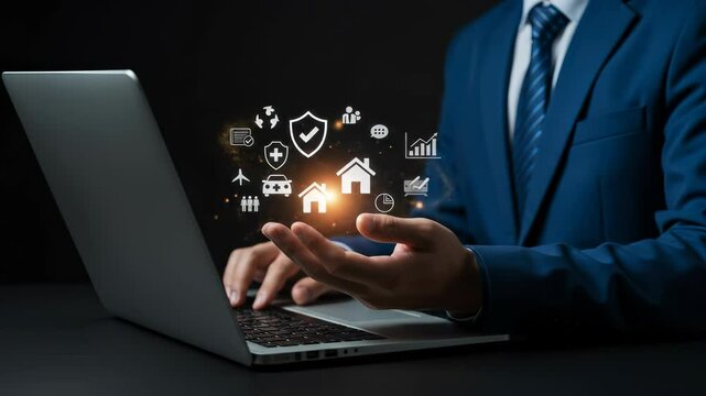 Insurance Broker Online: Digital Protection, Home, Auto, Health, Life. Advisor Using Laptop