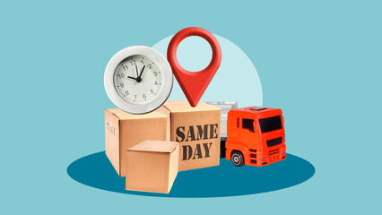 Same Day Delivery as Speedy Delivery service. Collage with Cardboard box Package, Clock and Trailer. Day Urgency Express delivery Service. Space for text