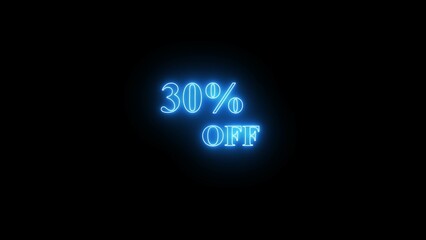 Neon sign of thirty percent discount message illuminated in bright blue on a dark black background promoting sale promotions