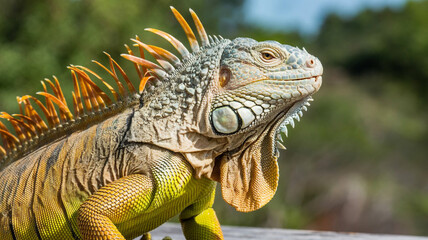 Fototapeta premium Closeup profile of a vibrant green and orange iguana
