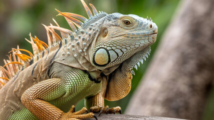 Obraz premium Closeup profile of a vibrant green and orange iguana