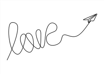 Love and Paper Airplane in a Single Line.  line icon-continuous line drawing. Editable stroke.