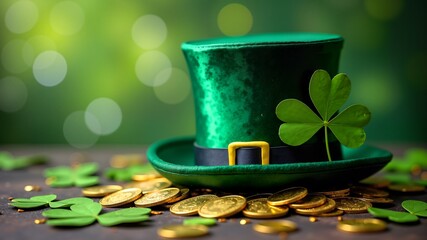 St Patrick's Day hat and gold coins , clover leaveson and green twinkling bokeh background