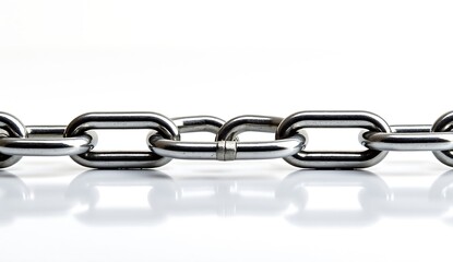 Fototapeta premium Close up of a shiny metal chain on a white reflective surface steel silver