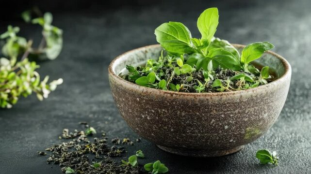 Bowl with green basil plants on dark background. Healthy and fresh sprouts.