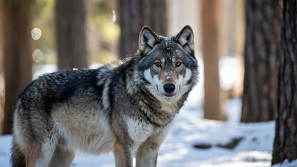 Obraz premium Gray wolf standing in a snowy forest