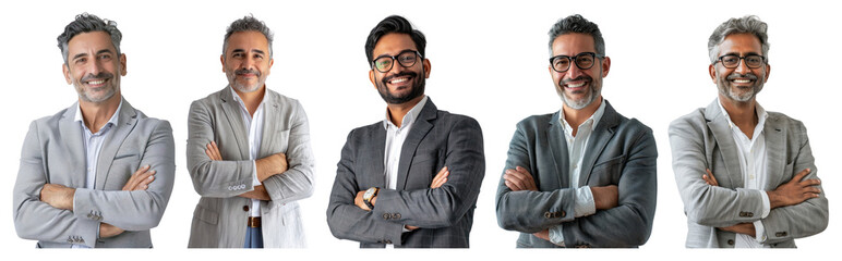 PNG Five men in suits, smiling, arms crossed, diverse backgrounds photo transparent background.