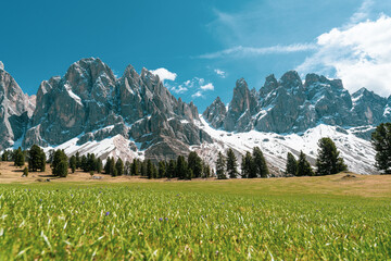 Wide view of Sass Rigais and Furchetta mountain peaks in the Dolomites, Italy, with green meadow and snow.