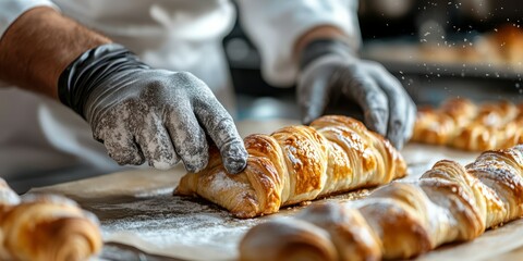 Baker preparing fresh pastries in a busy kitchen in the morning with flour dusting the work surface