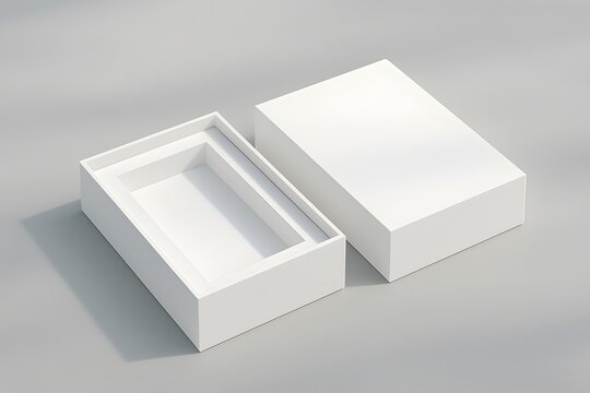 Premium white product packaging mockup. Clean, minimalist design featuring an open box with internal insert and a closed box, ideal for branding, e-commerce, and product presentation