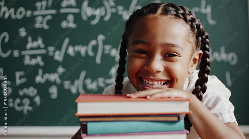 Leinwandbilder joyful elementary school student with braided hair leaning on a stack of colorful textbooks, smiling