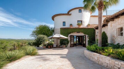 Fototapeta premium A beautiful round house enveloped in vibrant greenery, offering a serene escape in nature, highlighted by clear blue skies and well-maintained landscaping.