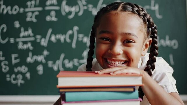 Joyful elementary school student with braided hair leaning on a stack of colorful textbooks, smiling at the camera in a classroom with a chalkboard full of math equations in the background