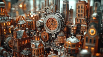 Detailed steampunk cityscape with intricate clockwork mechanisms.