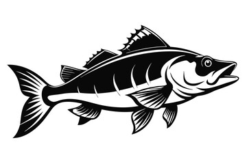 Black and White Illustration of a Detailed Fish with Fins and Tail Swimming Graphic