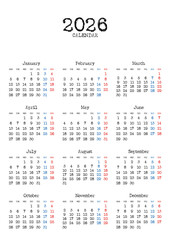 2026年の年間カレンダー月曜始まり 日本の祝日表記無し タイプライター風文字 縦位置