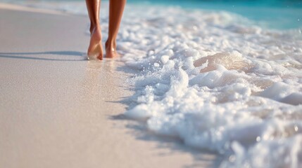Barefoot walk on sandy beach, waves lapping
