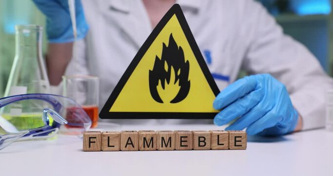 A prominent flammable warning sign in a lab, stressing critical safety with glassware and equipment