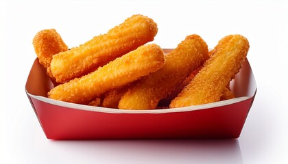 crispy golden fried cheese sticks served in a red fast food container tasty and crunchy snack perfect for takeaway or food ads isolated on white background