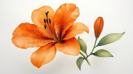 Watercolor Orange Lily with Bud and Green Leaves on Light Background Elegant Botanical Art Isolated Flower Fine Art