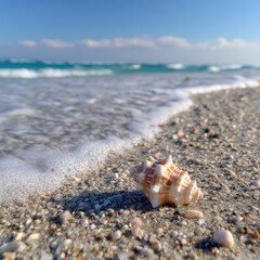 Seashell on Beach Shoreline with Rolling Wave Tranquil Coastline Summer Season Under Clear Blue Sky