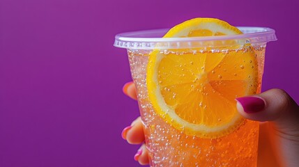 Refreshing lemon drink in hand against vivid purple backdrop capturing a youthful summer vibe