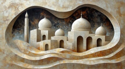 Textured architectural art piece in soothing neutral tones capturing serene middle eastern style architecture