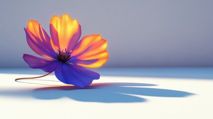 Vibrant cosmos flower with ethereal light casting shadow on white surface artistic minimalist botanical beauty